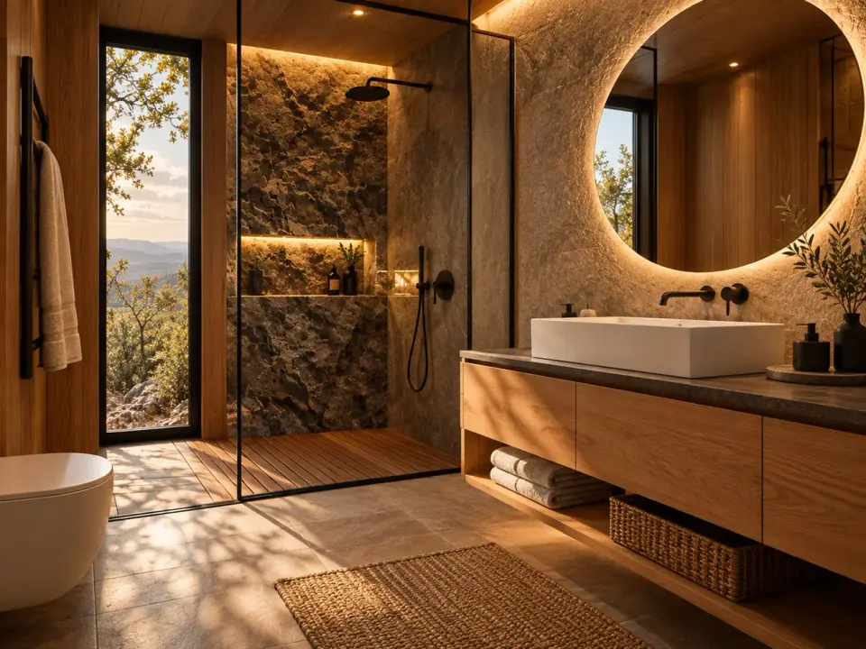Baño de piedra y madera con regadera y ventana al paisaje