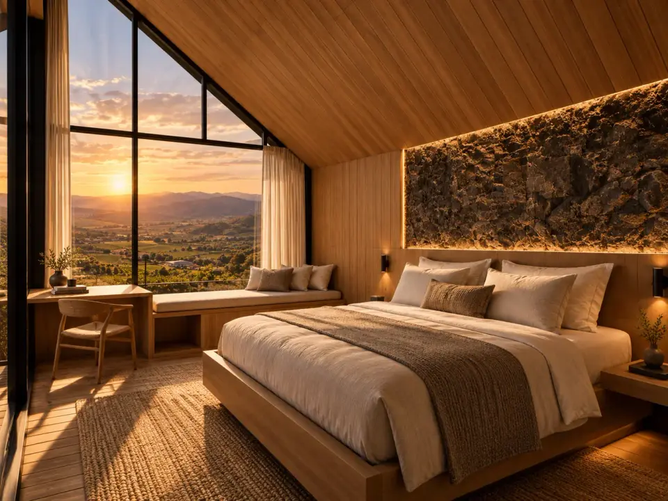 Recámara con cama King frente al ventanal y muro de piedra iluminado